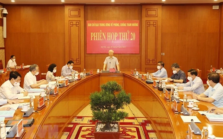 Tổng Bí thư Nguyễn Phú Trọng chủ trì phiên họp thứ 20 của Ban Chỉ đạo Trung ương về phòng, chống tham nhũng. Ảnh TTXVN