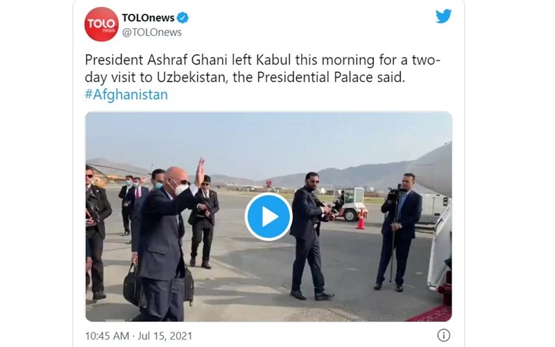 Kênh TOLOnews chia sẻ clip ông Ghani rời Kabul vào sáng 15/7/2021 để bắt đầu chuyến thăm hai ngày tới Uzbekistan.