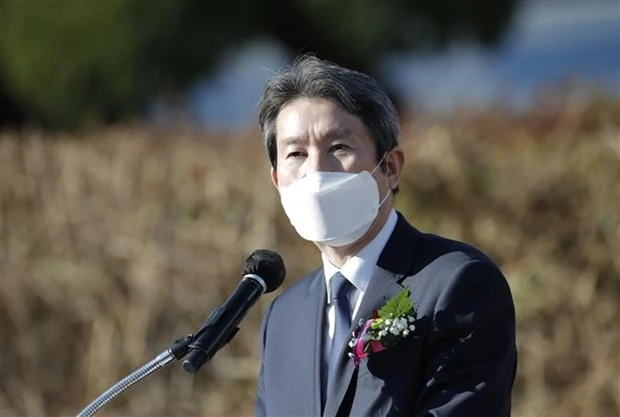 Bộ trưởng Thống nhất Hàn Quốc Lee In-young phát biểu trong một sự kiện ở làng đình chiến Panmunjom, khu vực biên giới liên Triều, ngày 4/11/2020. (Ảnh: AFP/TTXVN)