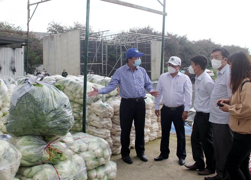 Phó Chủ tịch UBND tỉnh Lâm Đồng Phạm S và sở, ngành kiểm tra công tác chuẩn bị nông sản hỗ trợ TP Hồ Chí Minh, chiều 23/8.