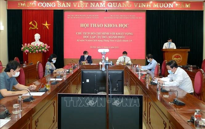 Quang cảnh Hội thảo “Chủ tịch Hồ Chí Minh với khát vọng độc lập - tự do - hạnh phúc”. (Ảnh: TTXVN)