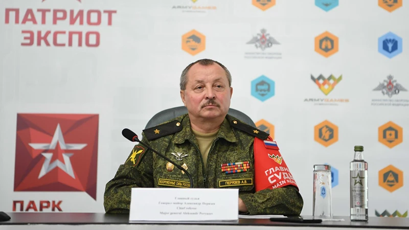 Thiếu tướng Aleksandr Peryazev, Phó cục trưởng Cục Quân huấn Các lực lượng vũ trang Liên bang Nga, Trưởng ban Trọng tài Army Games 2021. Ảnh: TRỌNG HẢI