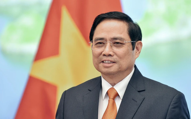Thủ tướng Phạm Minh Chính phát biểu tại Hội nghị thượng đỉnh thương mại dịch vụ toàn cầu năm 2021. (Ảnh: VGP).