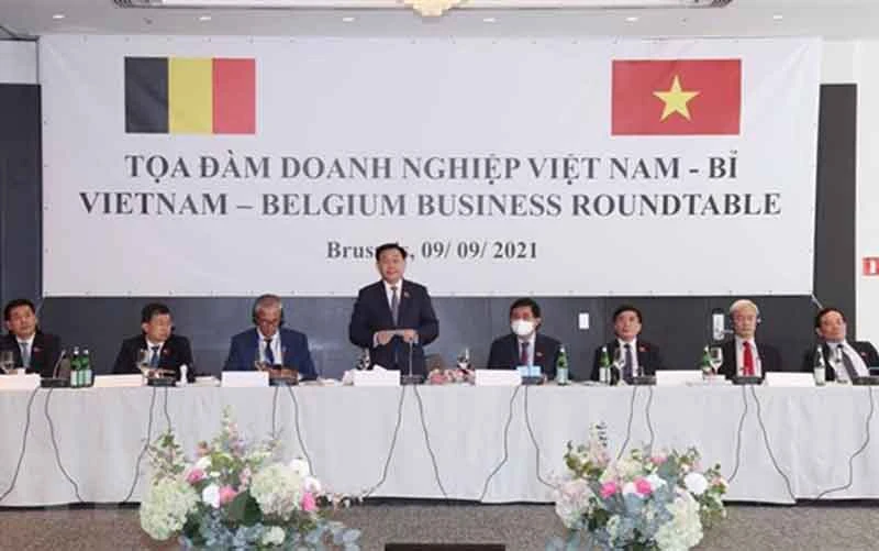 Chủ tịch Quốc hội Vương Đình Huệ phát biểu tại Tọa đàm doanh nghiệp Việt Nam - Bỉ. (Ảnh: Doãn Tấn/TTXVN)