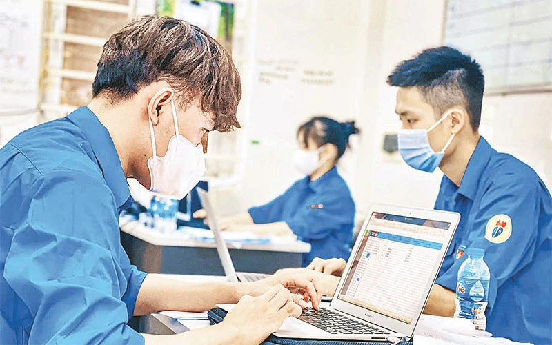 Thanh niên tình nguyện cần mẫn nhập dữ liệu tiêm chủng, xét nghiệm của thành phố Hà Nội. 