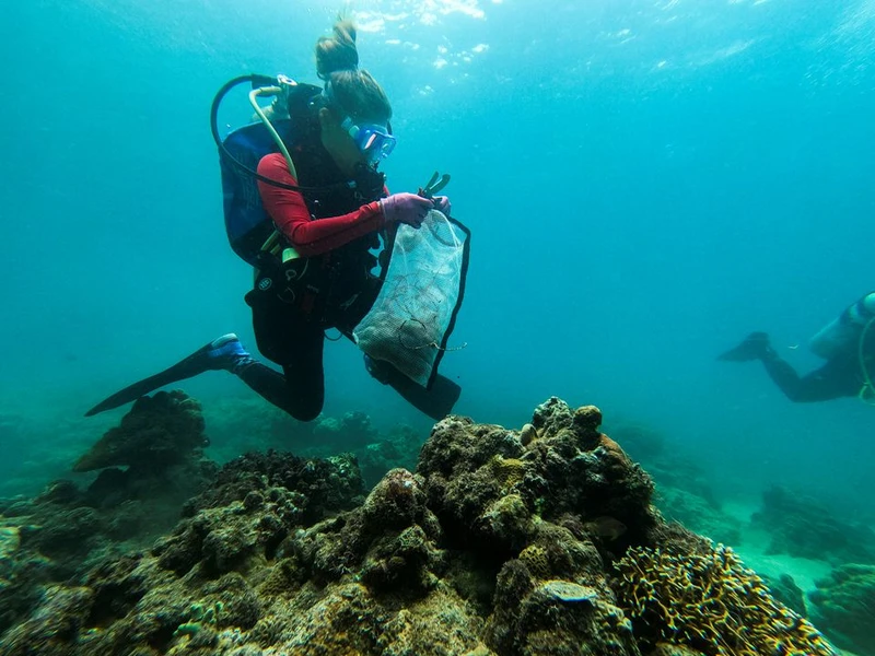  Huấn luyện viên lặn Carmela Sevilla cầm một túi lưới chứa đầy rác trong chuyến dọn rác dưới nước ở Bauan, tỉnh Batangas, Philippines, ngày 18/9. Ảnh: Reuters.