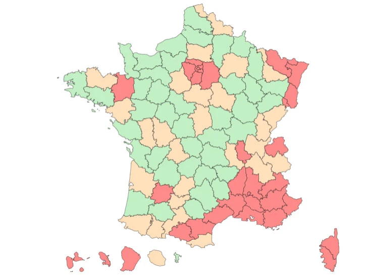 Biểu đồ tỷ lệ nhiễm bệnh ở các tỉnh tại Pháp. Màu xanh là tỉnh có tỷ lệ nhiễm dưới 50 ca/100 nghìn dân. Màu vàng: từ 50-70 ca và màu đỏ: trên 70 ca/100 nghìn dân. (Nguồn: Bộ Y tế Pháp)