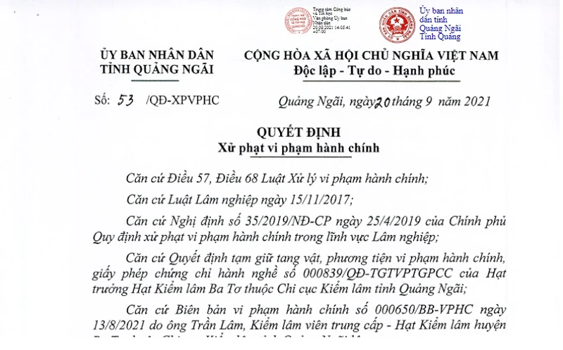Quyết định số 53/QĐ-XPVPHC của Ủy ban Nhân dân tỉnh Quảng Ngãi. (Ảnh chụp màn hình).