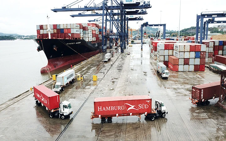 Tàu Synergy Busan có tải trọng hơn 50.000 tấn của hãng Maersk Line cập cảng container quốc tế Cái Lân, tỉnh Quảng Ninh ngày 14/9.