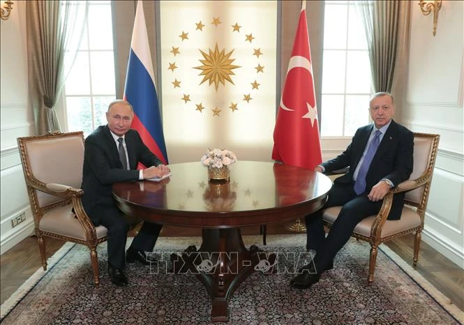 Tổng thống Thổ Nhĩ Kỳ Recep Tayyip Erdogan (phải) trong cuộc hội đàm với Tổng thống Nga Vladimir Putin tại Ankara, Thổ Nhĩ Kỳ. Ảnh tư liệu: AFP/TTXVN.