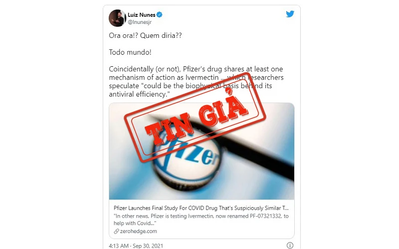 Ảnh chụp màn hình 1 bài đăng trên mạng xã hội Twitter chia sẻ thông tin sai sự thật về thuốc điều trị Covid-19 mà Pfizer đang thử nghiệm. 