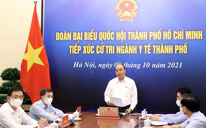 Chủ tịch nước Nguyễn Xuân Phúc phát biểu tại điểm cầu Hà Nội. (Ảnh: TTXVN)