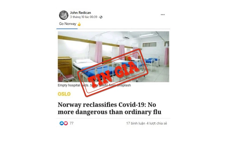 Một bài đăng trên Facebook chia sẻ bài báo đưa thông tin không chính xác về Viện Y tế công cộng Na Uy. 