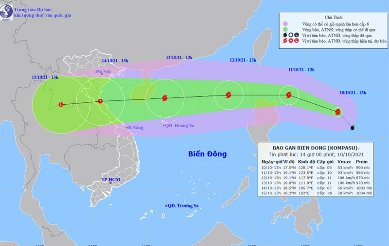 Vị trí và hướng di chuyển của bão Kompasu. (Nguồn: nchmf.gov.vn)