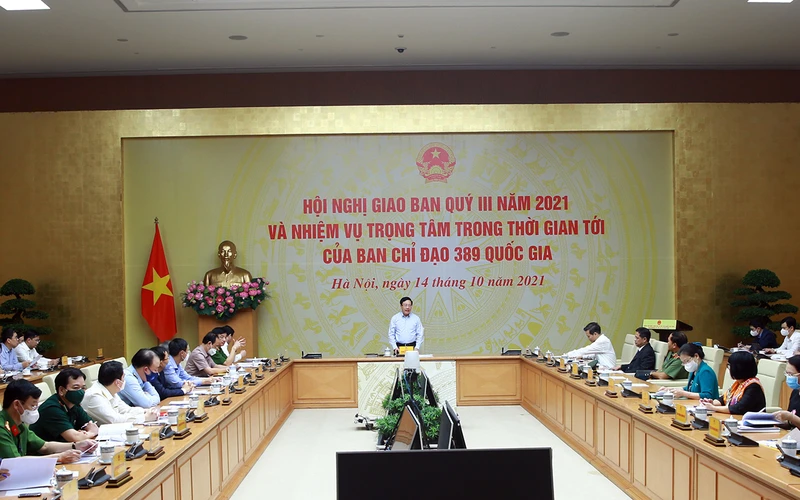 Phó Thủ tướng Thường trực Chính phủ, Trưởng Ban Chỉ đạo 389 quốc gia Phạm Bình Minh chủ trì cuộc họp. (Ảnh: Hải Minh/Cổng TTĐT Chính phủ)