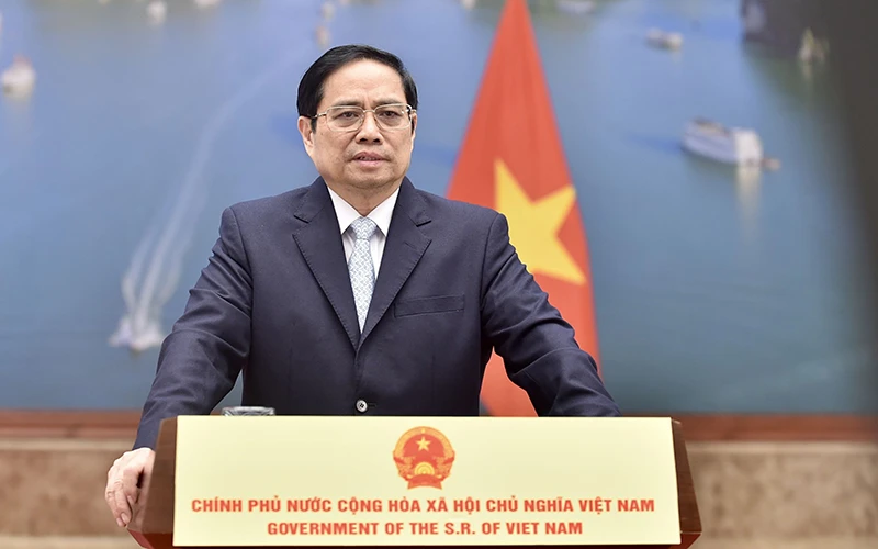 Thủ tướng Phạm Minh Chính phát biểu tại Diễn đàn “Tuần lễ năng lượng Nga” lần thứ IV. Ảnh: NHẬT BẮC