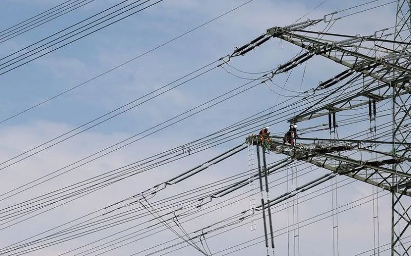 Công nhân điện lực lắp đặt đường dây điện cao thế mới ở Hanau, Đức, ngày 10/8/2020. (Ảnh: Reuters)