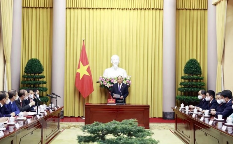 Chủ tịch nước Nguyễn Xuân Phúc phát biểu tại lễ trao quyết định bổ nhiệm. (Ảnh: Thống Nhất/TTXVN)