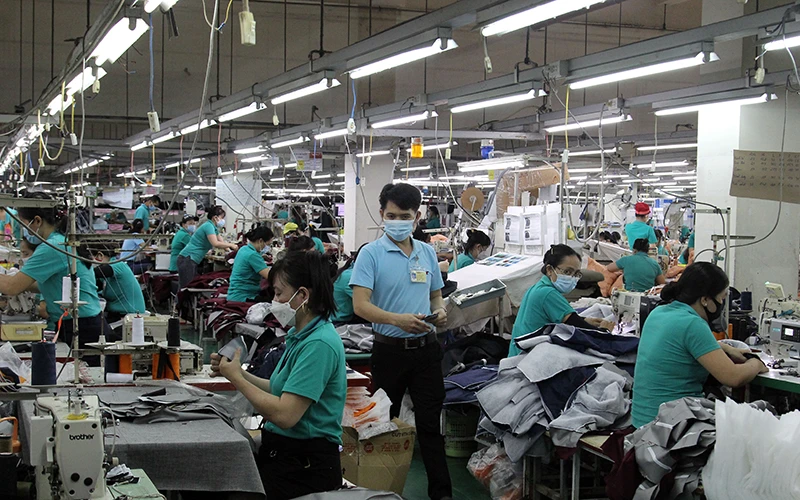 Công nhân Công ty Bo Hsing, Khu công nghiệp Hòa Phú, huyện Long Hồ (Vĩnh Long) trong giờ sản xuất.
