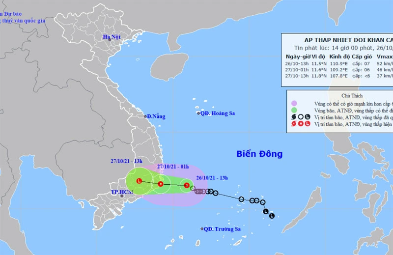 Vị trí và hướng di chuyển của áp thấp nhiệt đới. (Nguồn: nchmf.gov.vn)