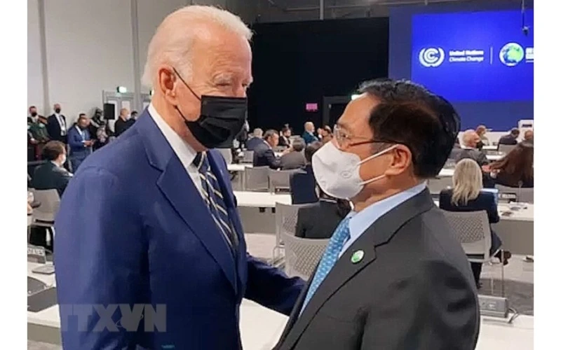 Thủ tướng Phạm Minh Chính gặp Tổng thống Mỹ Joe Biden. (Ảnh: TTXVN)