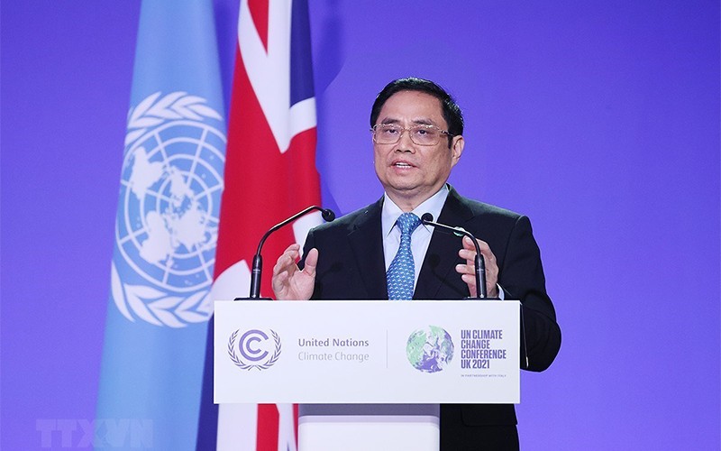 Thủ tướng Phạm Minh Chính phát biểu tại Hội nghị lần thứ 26 các bên tham gia Công ước khung của Liên hợp quốc về biến đổi khí hậu (COP26). (Ảnh: Dương Giang/TTXVN)