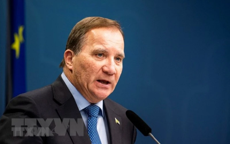 Thủ tướng Thụy Điển Stefan Lofven trong cuộc họp báo tại Stockholm. (Ảnh: AFP/TTXVN)