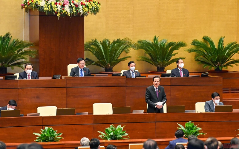 Bộ trưởng Lao động - Thương binh và Xã hội Đào Ngọc Dung trả lời chất vấn của đại biểu Quốc hội. (Ảnh: LINH NGUYÊN)