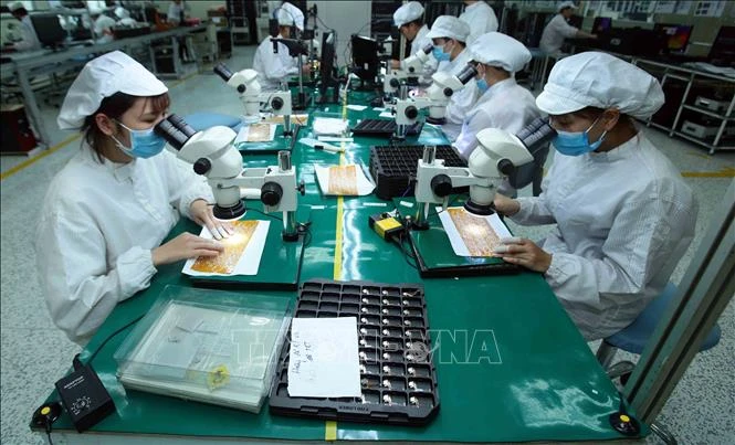 Sản xuất linh kiện điện tử tại công ty TNHH 4P (Văn Giang, Hưng Yên) có vốn đầu tư trong nước. Ảnh: TTXVN