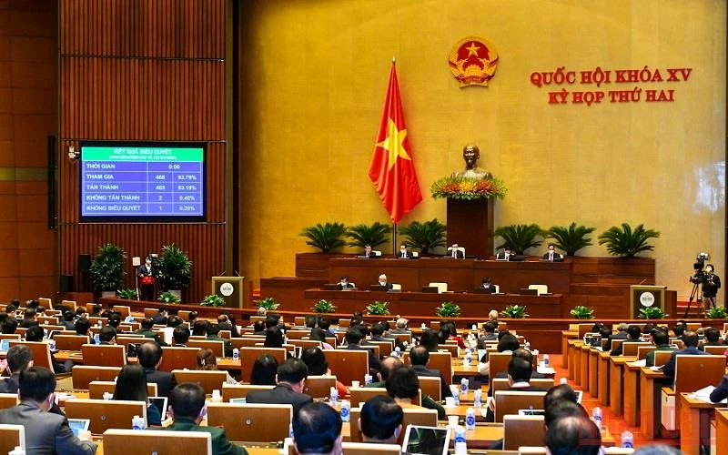 Quốc hội biểu quyết thông qua Nghị quyết về dự toán ngân sách nhà nước năm 2022 sáng 13/11. (Ảnh: LINH NGUYÊN)