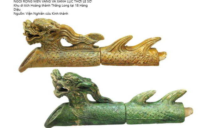 Các loại ngói rồng men vàng, men xanh thời Lê sơ phát hiện tại Khu di tích Hoàng thành Thăng Long. (Ảnh: Viện Nghiên cứu kinh thành)