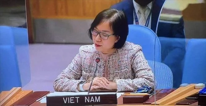 Tham tán Công sứ, Phó Trưởng Phái đoàn Thường trực Việt Nam tại LHQ Nguyễn Phương Trà phát biểu tại một phiên họp Hội đồng Bảo an Liên hợp quốc. Ảnh tư liệu: TTXVN