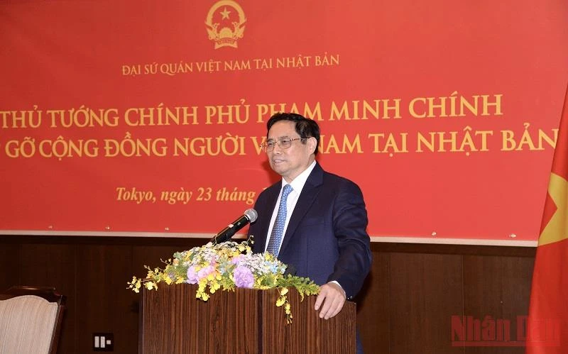 Thủ tướng Phạm Minh Chính phát biểu tại buổi gặp gỡ kiều bào tại Nhật Bản.
