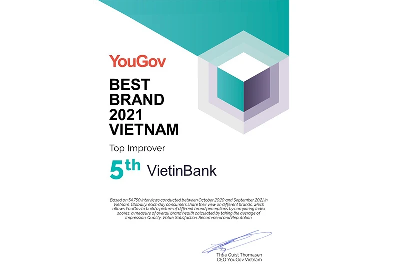 VietinBank lọt Top 5 thương hiệu tăng trưởng sức mạnh nhanh nhất Việt Nam 2021.