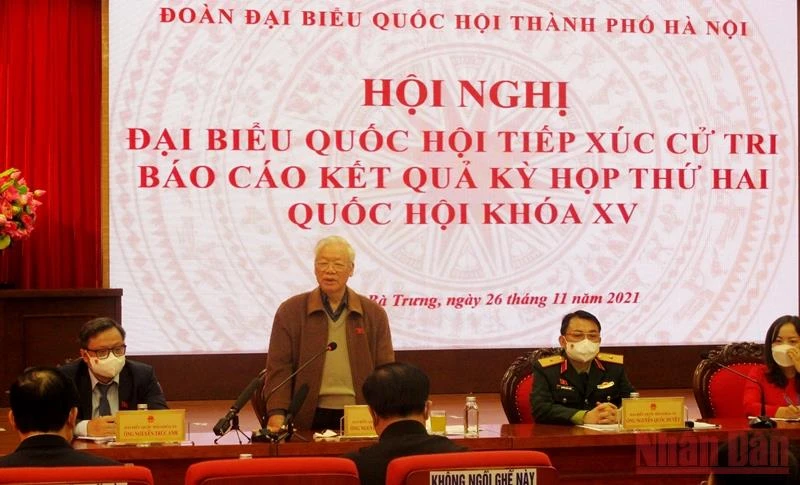 Tổng Bí thư Nguyễn Phú Trọng phát biểu tại buổi tiếp xúc cử tri Hà Nội, sáng 26/11.