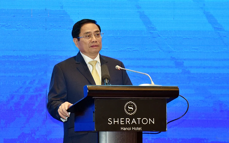 Thủ tướng Phạm Minh Chính phát biểu tại phiên khai mạc Diễn đàn cấp cao ASEAN về hợp tác tiểu vùng vì tăng trưởng bao trùm và phát triển bền vững. Ảnh: TRẦN HẢI 