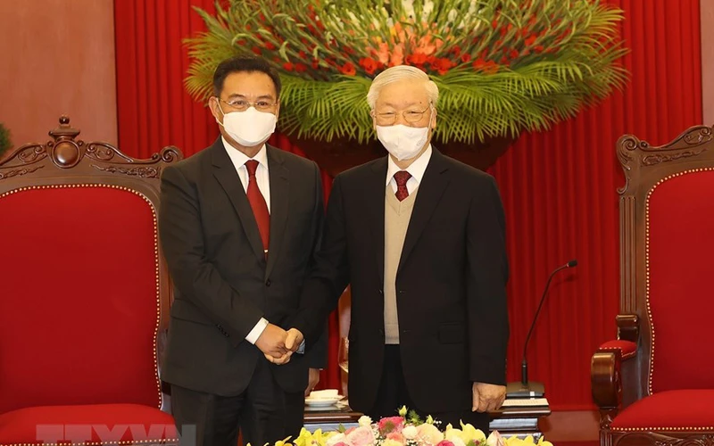 Tổng Bí thư Nguyễn Phú Trọng tiếp Chủ tịch Quốc hội Lào Xaysomphone Phomvihane thăm chính thức Việt Nam. (Ảnh: Trí Dũng/TTXVN)