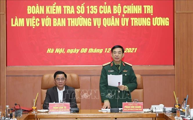 Đại tướng Phan Văn Giang, Ủy viên Bộ Chính trị, Phó Bí thư Quân ủy Trung ương, Bộ trưởng Bộ Quốc phòng phát biểu. Ảnh: TTXVN