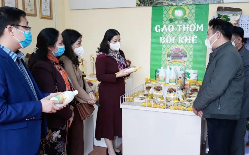 Các đại biểu tham quan Điểm giới thiệu, bán sản phẩm OCOP tại huyện Thanh Oai (Hà Nội). 
