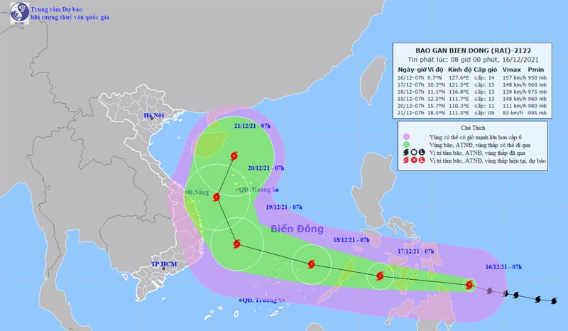 Vị trí và hướng di chuyển của bão RAI lúc 8 giờ ngày 16/12. (Nguồn: nchmf.gov.vn)