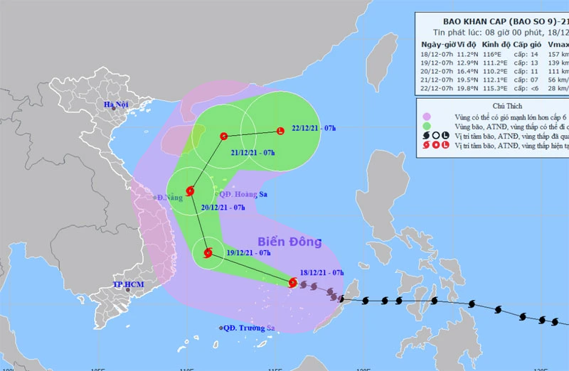 Vị trí và hướng di chuyển của bão số 9 lúc 8 giờ ngày 18/12. (Nguồn: nchmf.gov.vn)