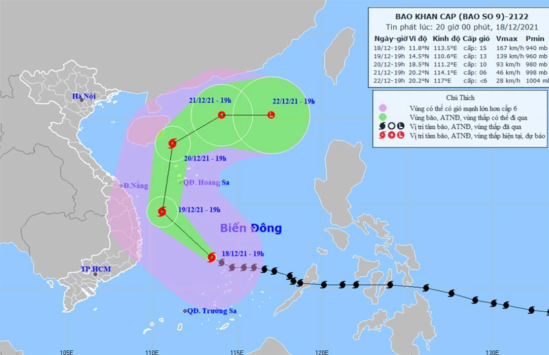 Vị trí và hướng di chuyển của bão số 9 lúc 20 giờ ngày 18/12. (Nguồn: nchmf.gov.vn)