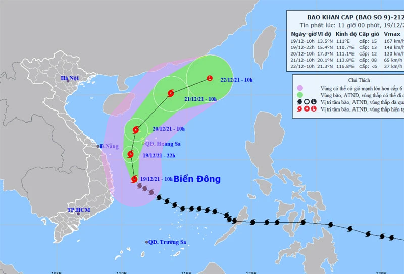Vị trí và hướng di chuyển của bão số 9 lúc 11 giờ ngày 19/12. (Nguồn: nchmf.gov.vn)