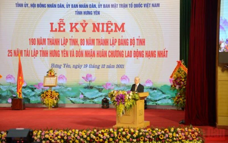 Tổng Bí thư Nguyễn Phú Trọng phát biểu ý kiến tại Lễ kỷ niệm 190 năm thành lập tỉnh Hưng Yên.