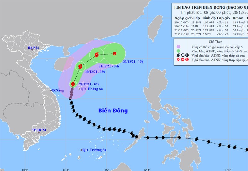 Vị trí và hướng di chuyển của bão số 9 lúc 8 giờ ngày 20/12. (Nguồn: nchmf.gov.vn)