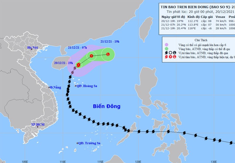 Vị trí và hướng di chuyển của bão số 9 lúc 20 giờ ngày 20/12. (Nguồn: nchmf.gov.vn)