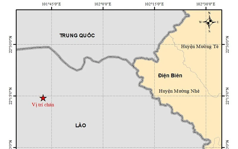 Bản đồ chấn tâm trận động đất có độ lớn 5.5 xảy ra tại tỉnh Phongsaly, Lào ngày 24/12.