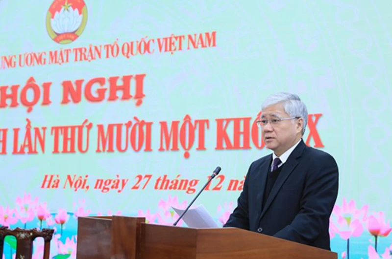 Đồng chí Đỗ Văn Chiến, Bí thư Trung ương Đảng, Chủ tịch Ủy ban Trung ương Mặt trận Tổ quốc Việt Nam phát biểu tại Hội nghị. (Ảnh: Diệp Vinh)