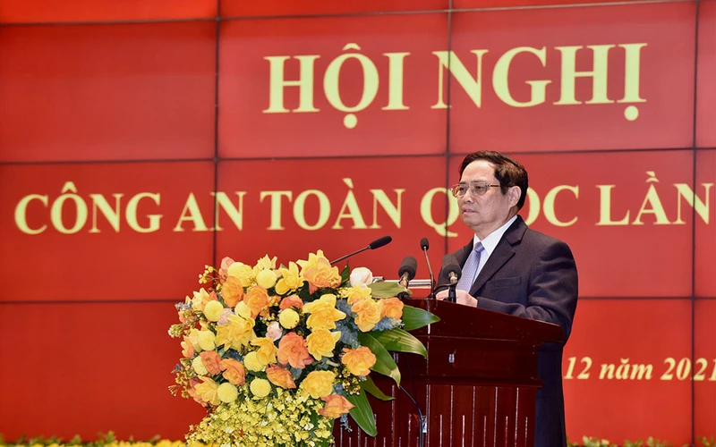 Thủ tướng Phạm Minh Chính phát biểu tại Hội nghị Công an toàn quốc lần thứ 77. (Ảnh: TRẦN HẢI)