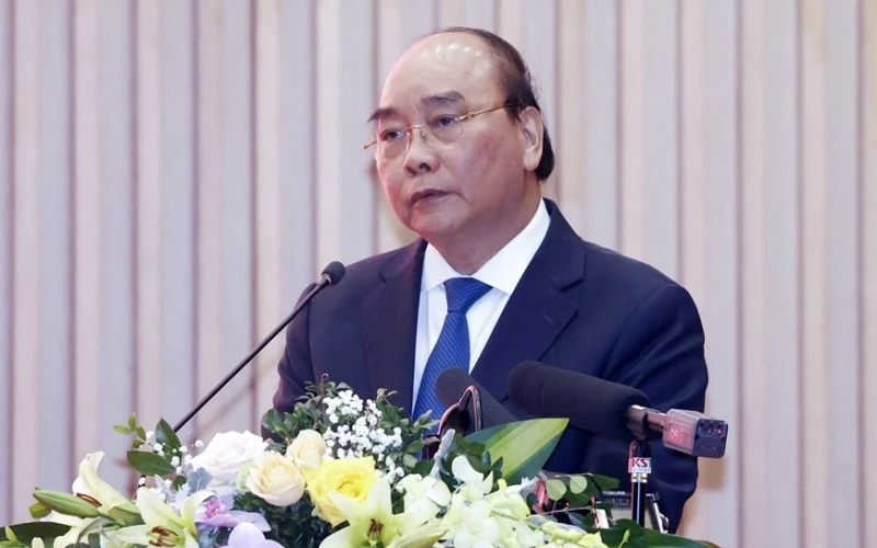 Chủ tịch nước Nguyễn Xuân Phúc phát biểu chỉ đạo tại hội nghị. (Ảnh: TTXVN)